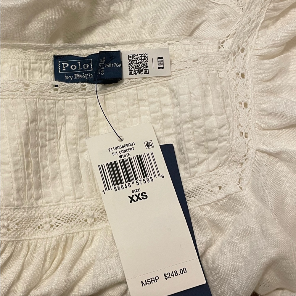 New Polo Ralph Lauren White Linen Blouse Ruffle Bell Sleeves Pullover Top XXS - Picture 5 of 17